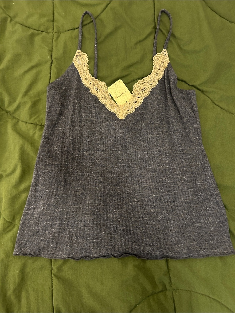 Free People blue Gray Cami with Cream Lace Trim